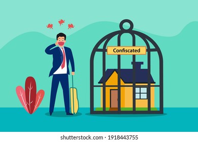 Confused businessman cartoon character with confiscated house inside the birdcage