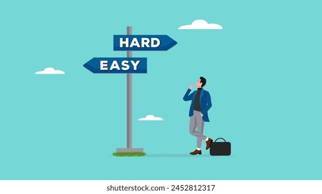 Confused businessman chooses an easy career path with small results or a hard career path with big results, make a decision to choose a career path