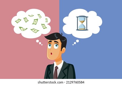 
Confused Businessman Choosing Between Time   Money  Puzzled guy deciding how to spend his time   get rich quick
