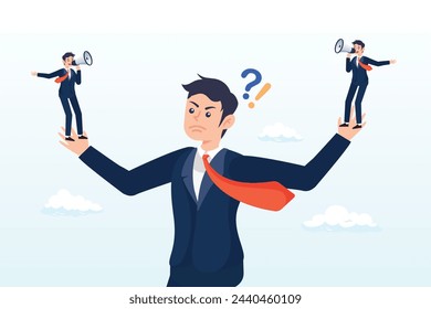 Confused businessman choosing directions, dilemma or moral conflict, disagreement or argument for business direction, decision problem or question, choosing choice, alternative or solution (Vector)