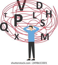 Confused businessman with a cloud of scattered letters above his head. Dyslexia concept. Learning disability. Support relief anxiety or depression. Mental health treatment or psychology support.

