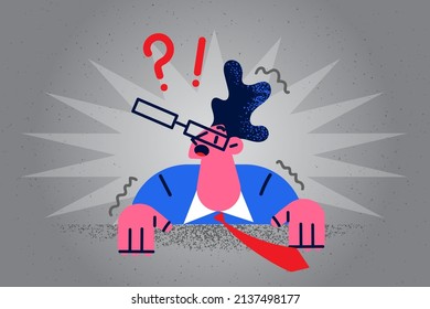 Confused businessman come under table wonder of problems. Unhappy man feel frustrated concerned of troubles odor issues. Frustration and confusion. Flat vector illustration. 