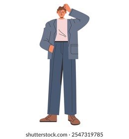 Confused businessman concept. A young professional scratching his head, expressing doubt or problem-solving. Office attire, modern style. Vector illustration.