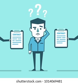 Confused businessman decides what contract offer to choose. Job offer, difficult choice. Simple style vector illustration