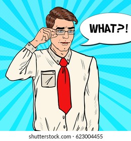 Confused Businessman in Eyeglasses. Pop Art Vector illustration