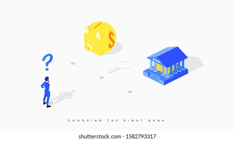 Confused businessman faces choice between bank and piggy bank. Conceptual vector illustration of metaphor of unequal benefit. The businessman is puzzled by the question of choosing the right bank.