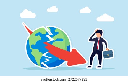 Empresário confuso diante de uma seta vermelha exponencial para baixo que penetra a Terra, ilustrando a consciência decrescente da responsabilidade ambiental e a exploração agressiva da natureza pelas empresas