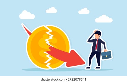 Confused businessman facing a red exponential downward arrow piercing a dollar coin illustrating currency inflation or major business losses