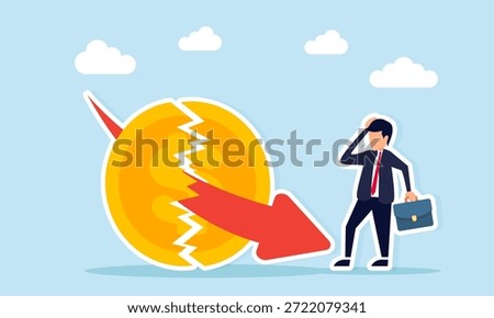 Confused businessman facing a red exponential downward arrow piercing a dollar coin illustrating currency inflation or major business losses