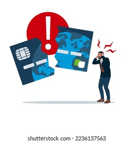 Confused businessman. Failed to make payment by credit card. Flat vector illustration