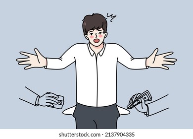 Confused Businessman Get Robbed By Thieves. Unhappy Frustrated Man Employee Struggle With Robbery. Bankruptcy And Financial Problems. Cheating And Betrayal. Vector Illustration. 