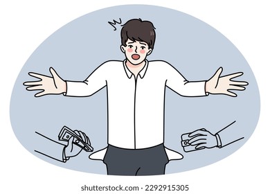 Confused businessman get robbed by thieves. Unhappy frustrated man employee struggle with robbery. Bankruptcy and financial problems. Cheating and betrayal. Vector illustration.