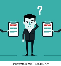 Confused Businessman Gets Two Contract Offers And Decides Which One To Take. Job Offer, Difficult To Choose. Flat Style Vector Illustration