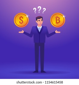 Confused businessman holds bitcoin and dollar coins thinking what to choose. Making decision, difficult choice. Colorful design vector illustration