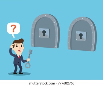 Confused Businessman holds key in hand. Deciding to choose unlock the door.
business decision concept. 
Vector flat cartoon character illustration design. 