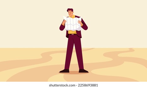 Confused businessman holds map and stands at crossroads.