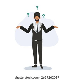 confused businessman indian man in suit with question marks. workplace stress and decision making