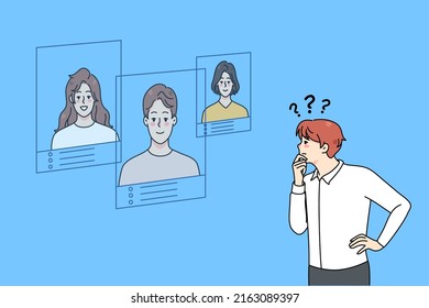 Confused businessman look at applicant CV think of employee candidature. Frustrated man employer consider job candidates resume. Hiring and employment. Vector illustration. 
