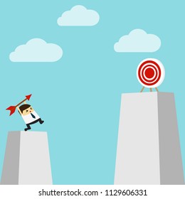 Confused businessman look for target in wrong direction.Flat design business concept cartoon