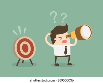 Confused businessman look for target in wrong direction.Flat design business concept cartoon illustration.