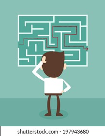 Confused, businessman looking at the red arrow through the labyrinth