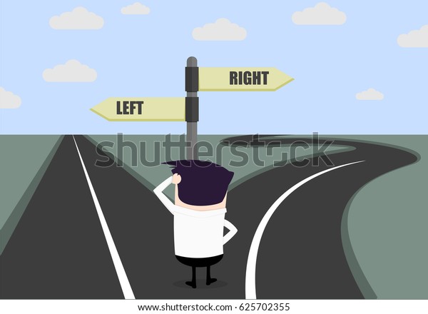 confused businessman looking at\
a roadsign, difficult choice concept, , eps10 vector\
illustration