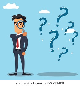 Confused Businessman looking through magnifying glass to solve a problem, searching for an answer concept