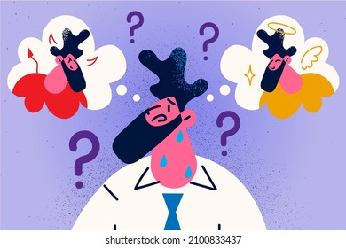 Confused businessman make decision among good and bad person. Frustrated man decide of devil or angel sitting on shoulder. Problem solution and dilemma. Flat vector illustration. 