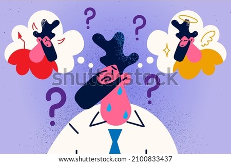 Confused businessman make decision among good and bad person. Frustrated man decide of devil or angel sitting on shoulder. Problem solution and dilemma. Flat vector illustration. 