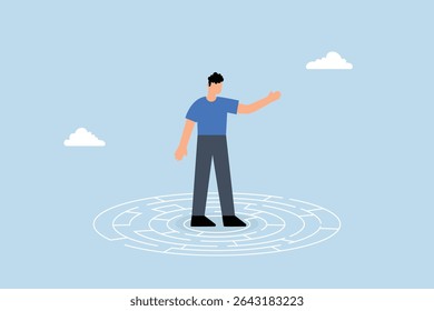 confused businessman in middle of maze looking for way out