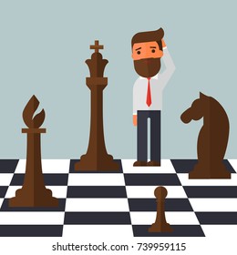 confused businessman on chessboard