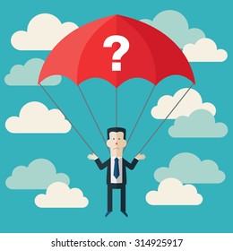 Confused businessman with parachute and question mark. Concept of businessman fail and problems. Modern flat design. Page not found, 404 error. 