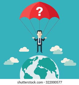 Confused businessman with parachute and question mark over globe earth. Concept of businessman fail and problems. Modern flat design. Page not found, 404 error. 