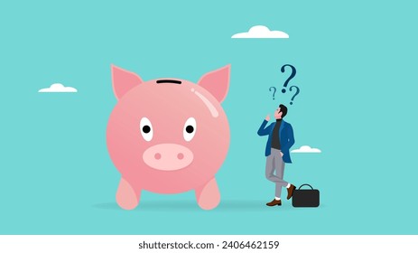 confused businessman with piggy bank and question marks illustration suitable to describe about financial question or saving problem, money solution, saving money and investment, wealth concept design