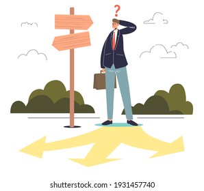 Confused businessman with question mark on crossroad thinking at direction of business development and solution of problem with strategy and plan. Cartoon flat vector illustration