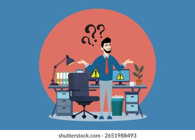 Empresário confuso. Questão ou resolução de problemas, pense em resposta ou solução, contemplação, dúvida ou concentração, FAQ.