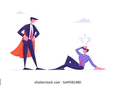 Verwirrter Geschäftsmann mit Fragen im Head-Sitting am Boden Schau auf Erfolgreicher Mann in Super Hero Kostüm Gejubeln Dont aufgeben und nie aufhören zu versuchen, Motivation Cartoon Flat Vektorillustration Illustration