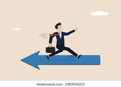 Confused businessman running in opposite direction to trend arrow. In the wrong direction, the leadership's decisions become different or contradictory.