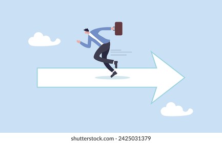 Confused businessman running in wrong opposite direction of trend arrow, wrong direction lead to mistake, leadership decision to be difference or opposite, mislead or false to get lost concept svg