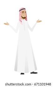 Confused businessman with spread arms. Full length of confused muslim businessman. Confused businessman shrugging his shoulders. Vector flat design illustration isolated on white background.