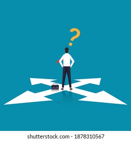 Confused businessman standing at cross road symbol. Business choice vector illustration.