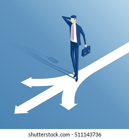 confused businessman standing at a crossroads isometric illustration,  businessman standing in front of arrows as symbol for choice, career path or opportunities, business concept decision