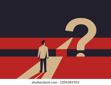 Confused businessman standing in front of obstacle abyss with big question marks. Business strategy - risks and challenge concept