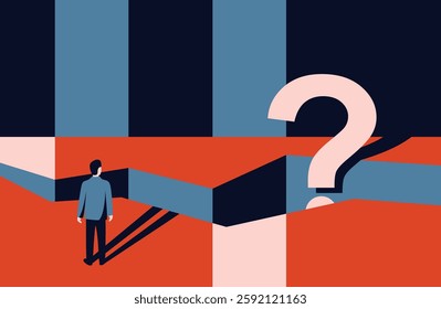 Confused businessman standing in front of obstacle abyss with big question marks. Business strategy - risks and challenge concept