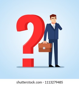 Confused businessman standing near big question mark and thinking. Making difficult decision concept. Flat design vector illustration