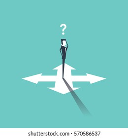 Confused businessman standing on crossroads and choosing way. vector