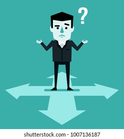 Confused businessman stands at crossroads and chooses direction to go. Flat style vector illustration