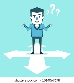 Confused businessman stands at crossroads and thinks where to go. Choose business direction, planning. Simple style vector illustration