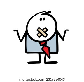 Confused businessman in a suit can't talk with his mouth taped shut. Vector illustration of financial helplessness. Hand drawn stick figure character isolated on white background.