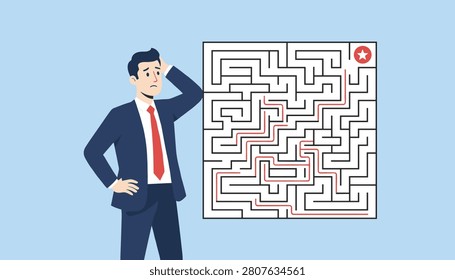 Confused businessman in a suit looking at a complex square maze puzzle with a red line showing the successful path to a star.